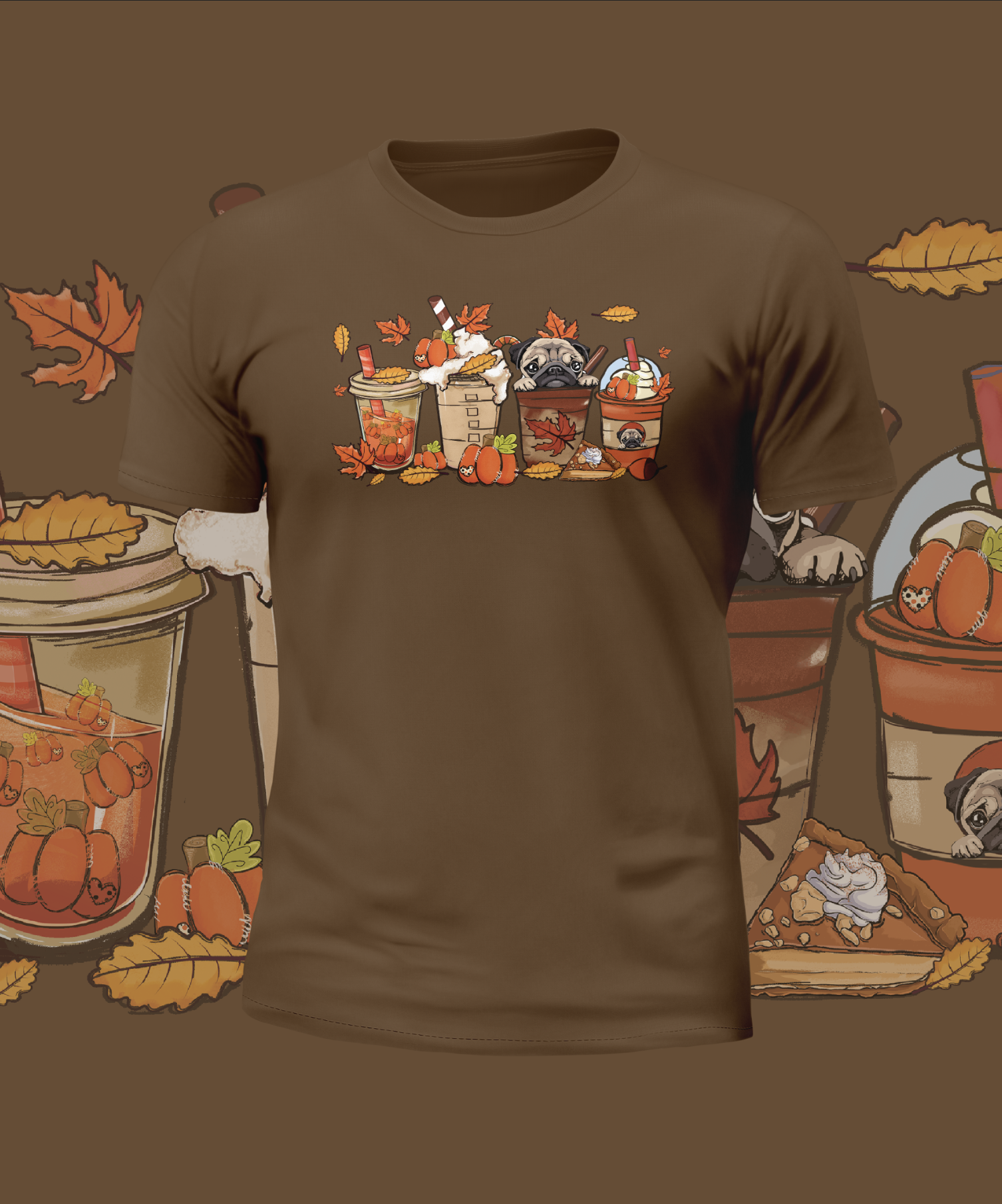 Autumn Cute Pugs in Cups Graphic Tee