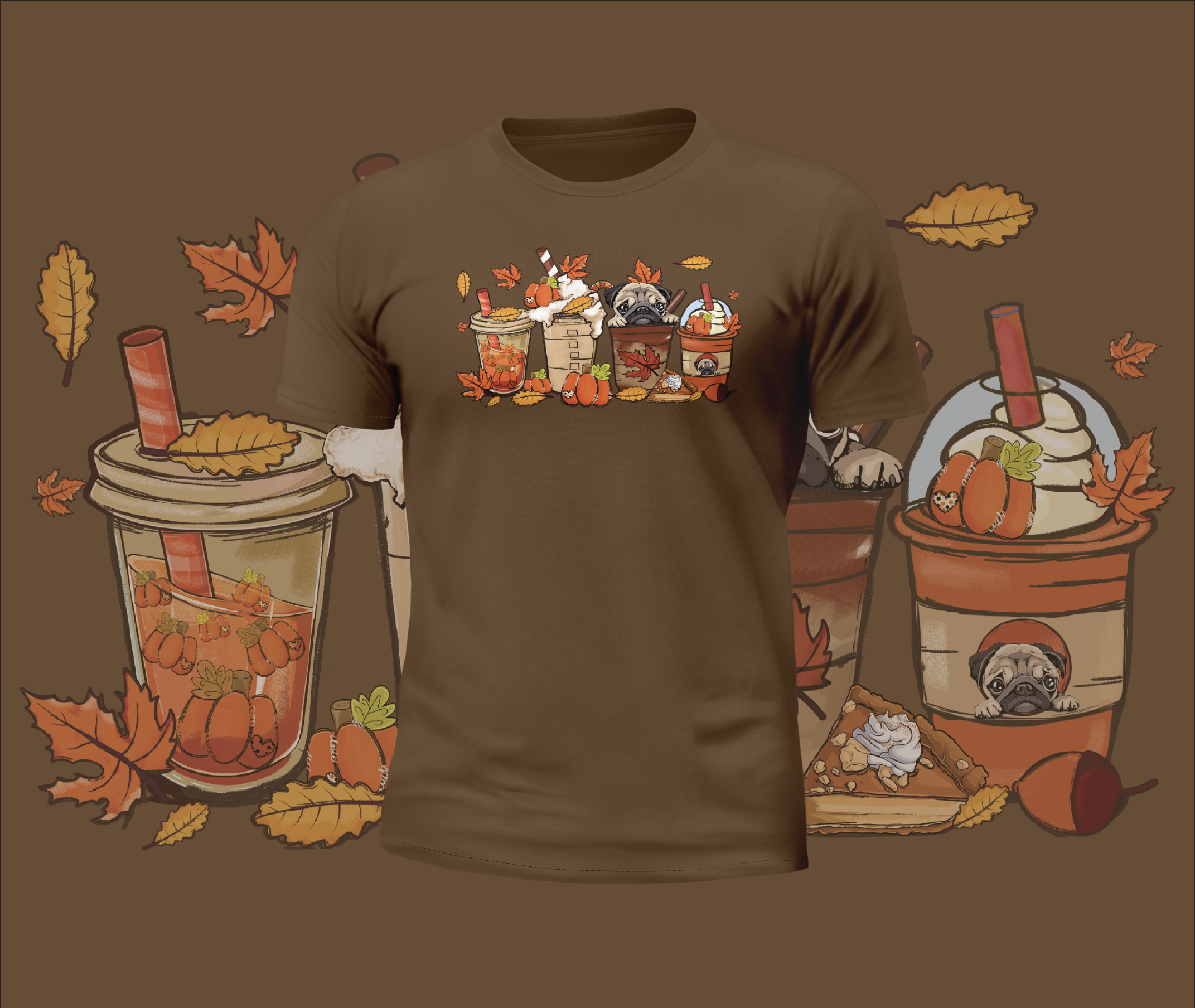 Autumn Cute Pugs in Cups Graphic Tee